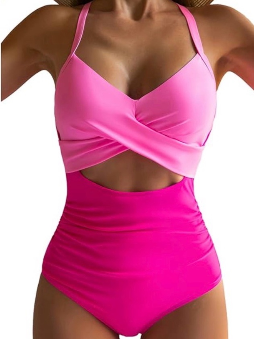 Eomenie Pink Two-Tone Twist Cutout One-Piece Swimsuit